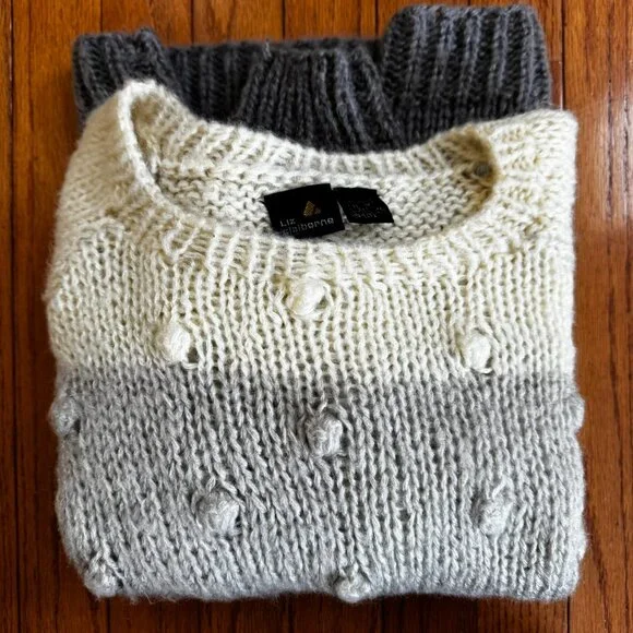 Ombre Bobble Stitch Sweater Medium • Textured Knit Cream Taupe Cozy Pullover - Picture 2 of 8